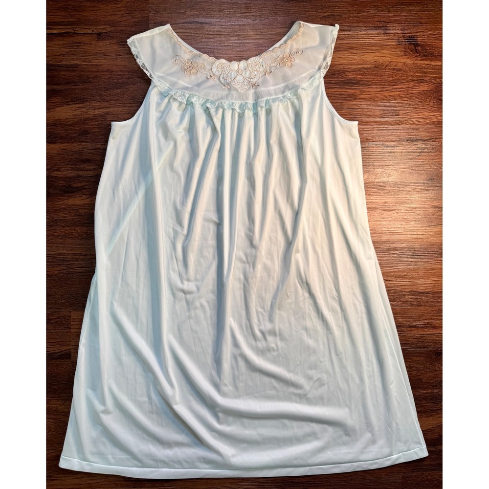 VTG Philmaid Aqua Blue Nylon Nightgown Lace Floral Embroidery Sz L‎ Midi granny